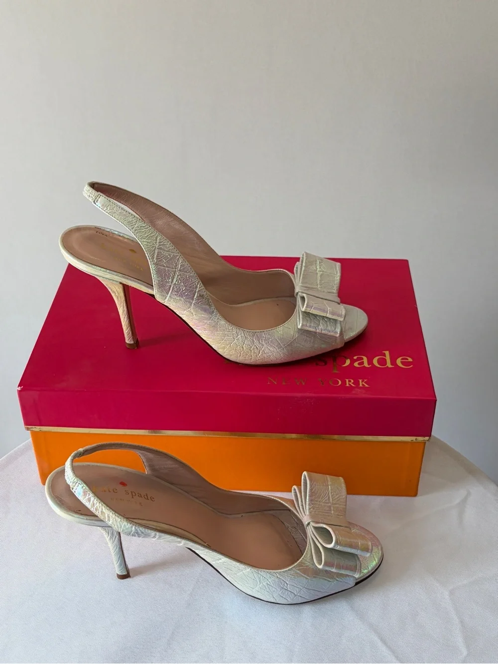 kate spade Iridescent Bow Peep-Toe Slingback Heels - Pearl